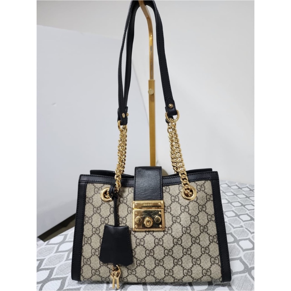 Authentic GUCCI GG Supreme Monogram Small Padlock Tote Black